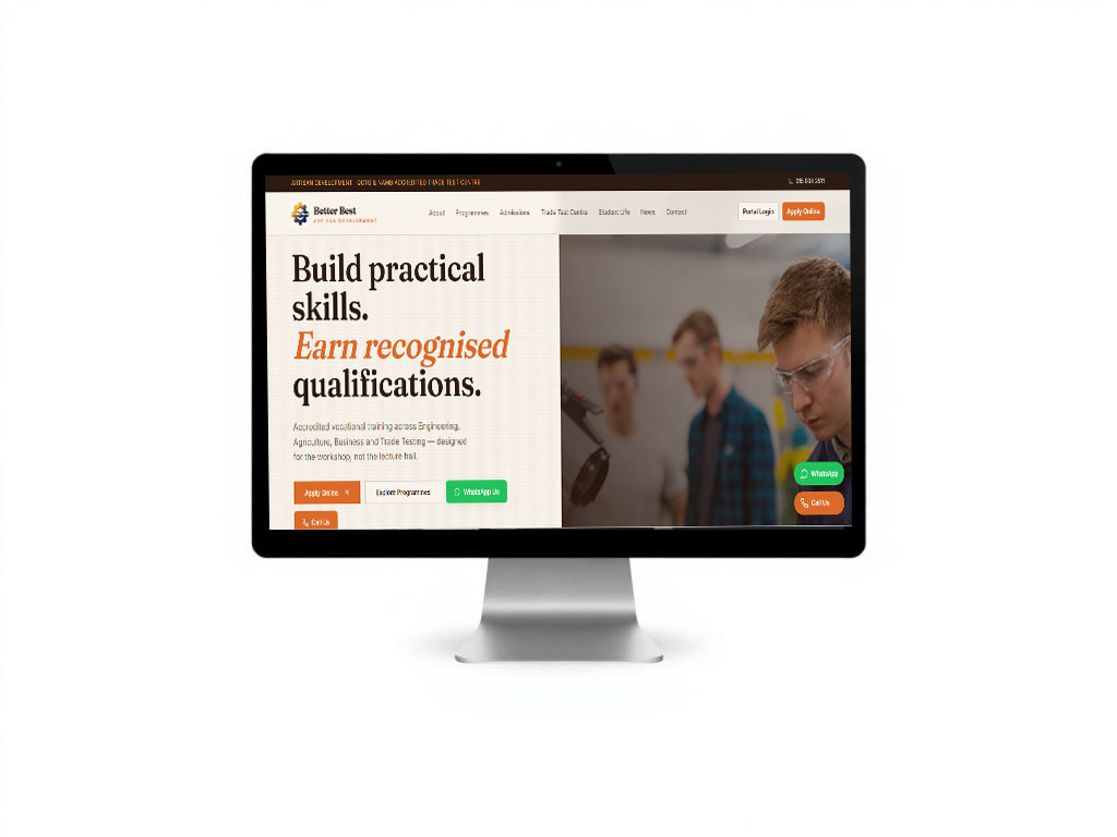Desktop screen showing the Better Best Training Centre website homepage
